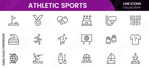 Athletic Sports Icons vector illustration with thin line contains a medal, football, basketball, cycling, athlete, racket, table tennis, sparing, cardio, gym, weight training, golf, volleyball