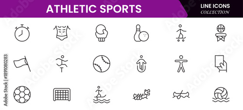 Athletic Sports Icons vector illustration with thin line contains a medal, football, basketball, cycling, athlete, racket, table tennis, sparing, cardio, gym, weight training, golf, volleyball
