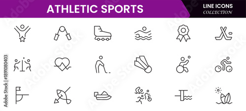 Athletic Sports Icons vector illustration with thin line contains a medal, football, basketball, cycling, athlete, racket, table tennis, sparing, cardio, gym, weight training, golf, volleyball