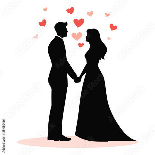 Silhouette of a wedding couple holding hands under a canopy of red hearts, symbolizing love and union