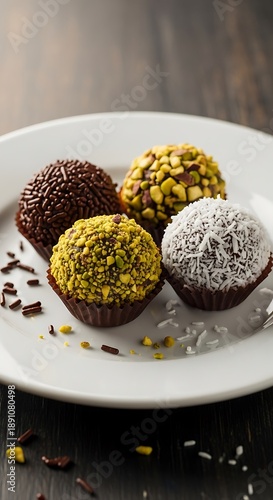 Gourmet Chocolate Truffles Assortment with Nuts and Sprinkles on a White Plate.
