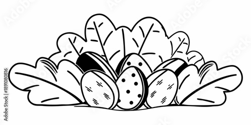 A black and white illustration of kiwis and leaves from a top-down viewpoint showcasing a still life arrangement