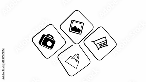 Four square icons representing camera, image, shopping cart, and map pin in a diamond layout