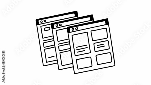 Illustration of overlapping web pages with simple design elements and layouts from a slightly angled viewpoint