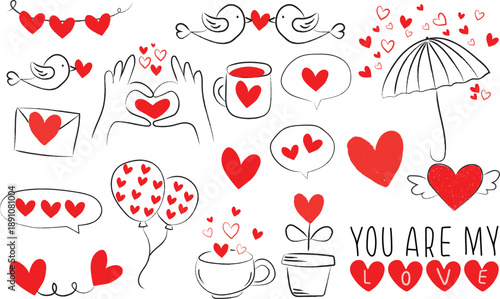 Set of red and black hand drawn elements for Valentines day. Cute love bird, hearts, coffee, speech bubble, letter, bird, balloons and drink. Vintage vector illustration for anniversary, scrap book