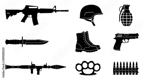 Military weapon silhouette vector collection featuring army rifle gun grenade helmet and combat boots icons for war game asset or tactical design elements