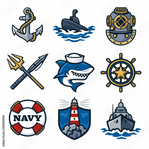 Military navy and marine vector badges collection featuring anchor submarine shark and diving helmet illustrations for army patch emblem or nautical mascot logo design