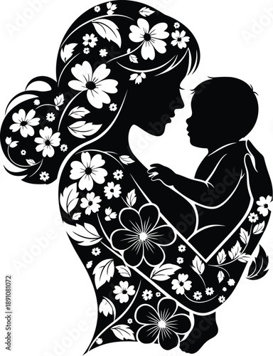 A black and white silhouette illustration of a mother holding a child, decorated with floral patterns.