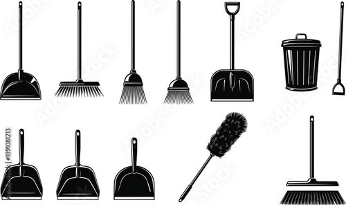 "Collection of black silhouette icons featuring household cleaning tools including brooms, dustpans, shovels, trash cans, and brushes for sanitation design"