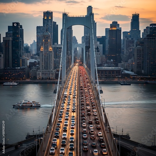 Stunning Sunset Over a Bustling City Bridge with Heavy Traffic and Skyscrapers.