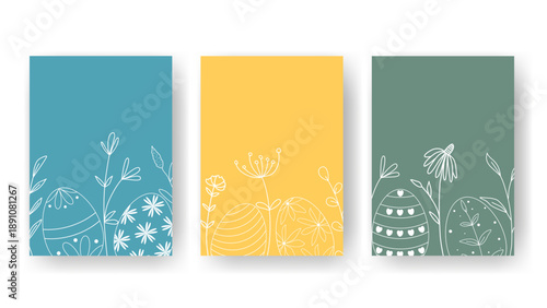 Set of Easter vertical templates for postcards, flyers, booklets, advertisements, greetings. Colored backgrounds with silhouettes of painted eggs and meadow flowers. Cute frames for Easter design, vec