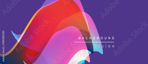 Abstract fluid shapes blend, creating vibrant color gradients. Purple background complements red, pink, blue hues. Modern design element.