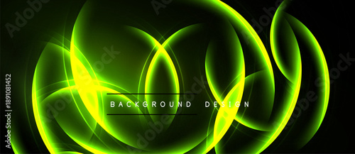 Abstract green neon curves over black backdrop. Dynamic lighting creates flowing shapes, modern design element.