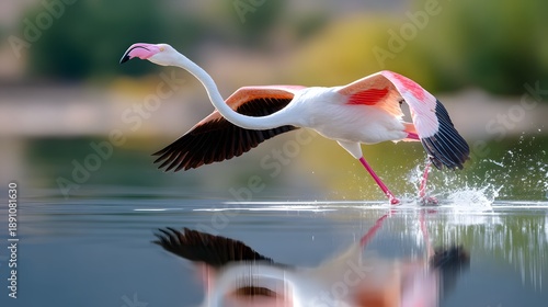 Pink flamingo taking off across calm water with graceful wings and a beautiful natural reflection