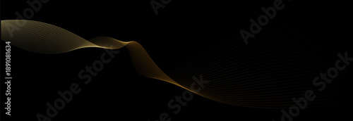 Vector abstract brush stroke wavy lines flowing smooth curve gold light gradient isolated on black background in concept of luxury, technology, science, music, modern.