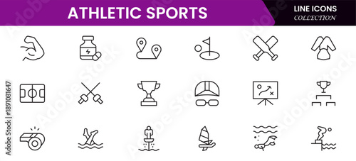 Athletic Sports Icons vector illustration with thin line contains a medal, football, basketball, cycling, athlete, racket, table tennis, sparing, cardio, gym, weight training, golf, volleyball