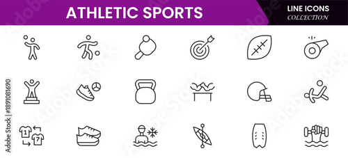 Athletic Sports Icons vector illustration with thin line contains a medal, football, basketball, cycling, athlete, racket, table tennis, sparing, cardio, gym, weight training, golf, volleyball