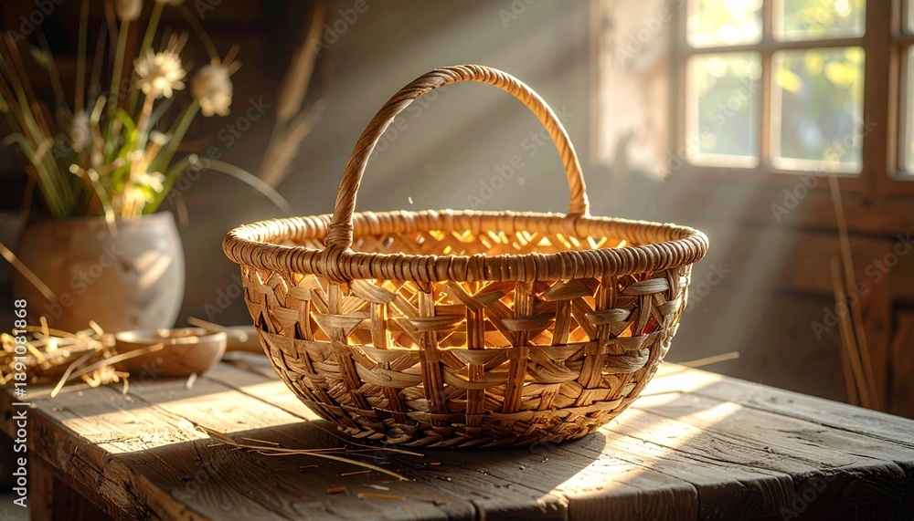 Fototapeta premium Woven basket on a wooden table with sunlight shining through a window in a rustic setting