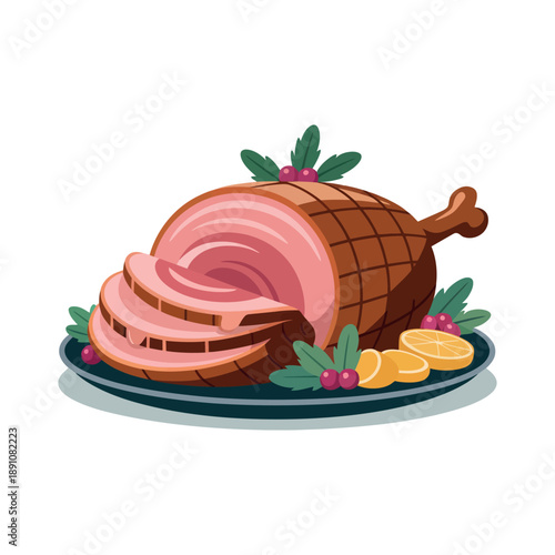 A delicious glazed ham on a platter with sliced portions and garnishes for a festive holiday meal