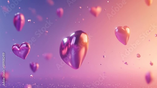 Flying pink heart balloons on soft romantic gradient background with glitter particles for Valentine design