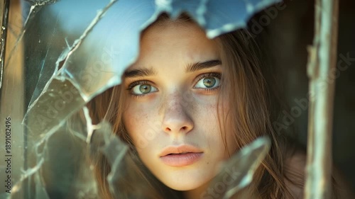 Young woman with blue eyes looking through broken glass with scared face and soft natural lighting