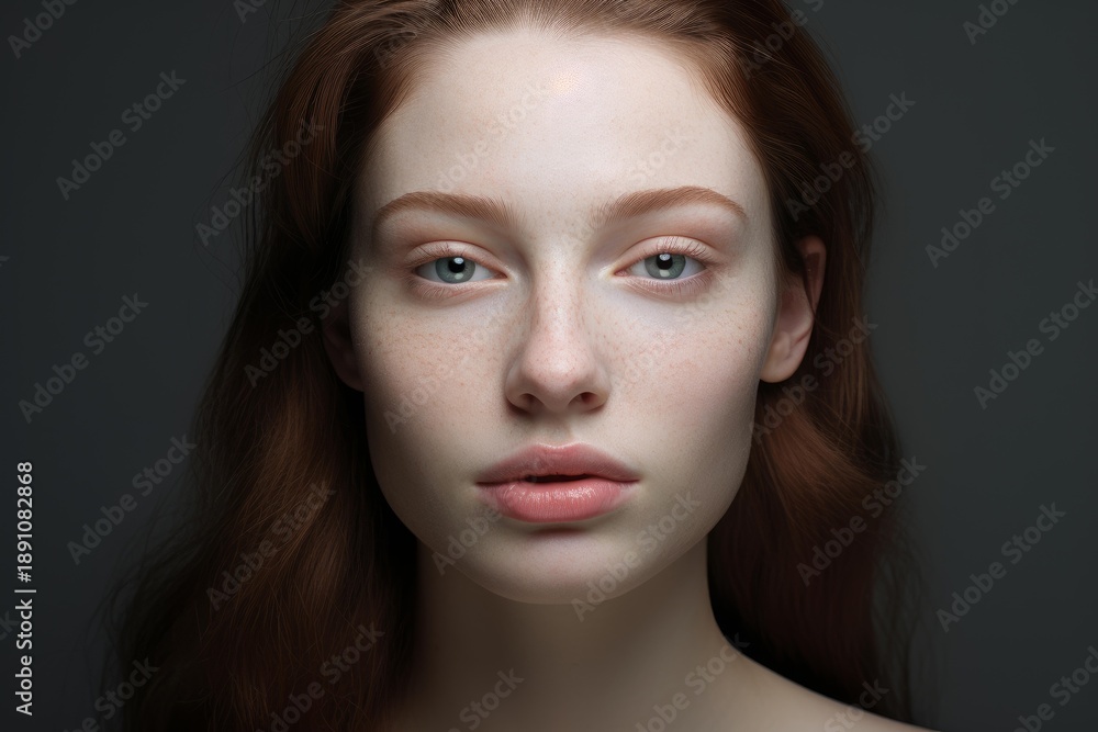 Fototapeta premium Woman with red hair and freckles posing for a beauty portrait on a dark background