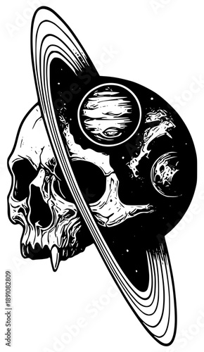 Surreal skull with cosmic planet ring illustration