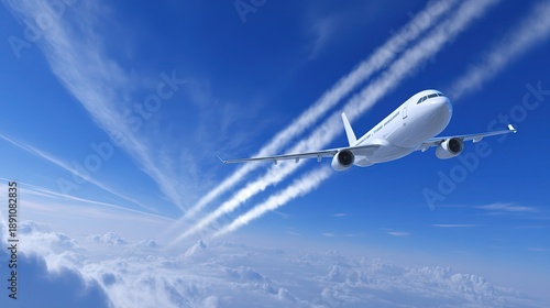 Stock photo for aviation reports or tech articles. Unbranded jet trails across clear sky, sunlight reflections on fuselage, with copy space for text