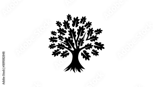 Grand Oak Tree symbol, black isolated silhouette