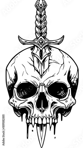 Skull with dagger illustration for tattoo design