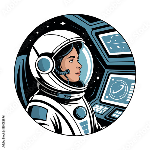 A female astronaut in a white spacesuit looking out into space with a determined expression from inside a spacecraft.