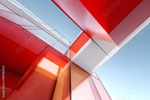 Abstract red glass facade with geometric shapes, light, and shadow creating a bold modern pattern