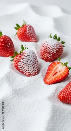Fresh ripe strawberries with powdered sugar on a white surface.