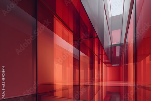 Abstract red glass facade with geometric shapes, light, and shadow creating a bold modern pattern