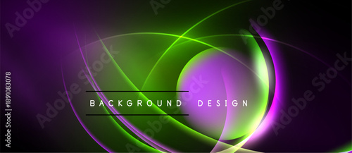 Abstract neon swirls, purple green hues dominate. Modern design element, dynamic composition, dark background creates contrast.