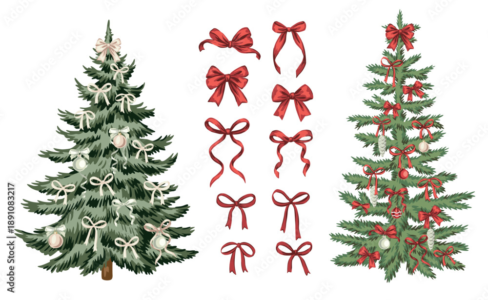 Naklejka premium Christmas tree decoration with bow and balls. Winter decor set.