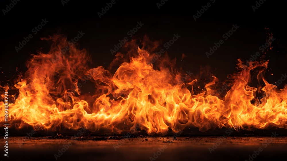 Fototapeta premium Intense flames burning across a dark background, conveying power, heat, and dramatic energy