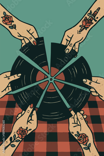 Retro screen-print style poster illustration of diverse tattooed hands grabbing slices of a black vinyl record cut like a pizza on a checkered table