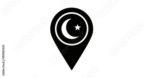 Black map pin icon with white crescent moon and star on a white background symbolizing navigation and guidance