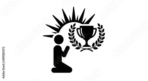 Person kneeling in prayer with trophy and laurel wreath under radiant sun symbolizing achievement and devotion