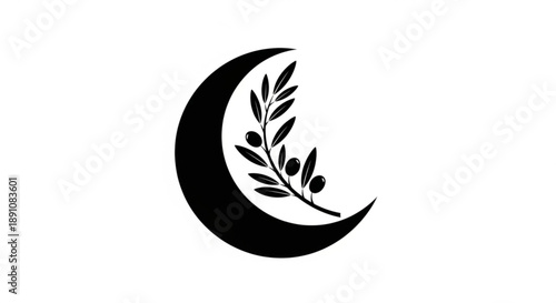 Black crescent moon symbol with olive branch on white background representing peace and harmony