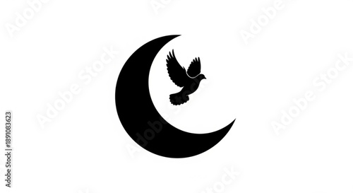 Black silhouette of a bird flying near a crescent moon on a white background symbolizing freedom and nighttime