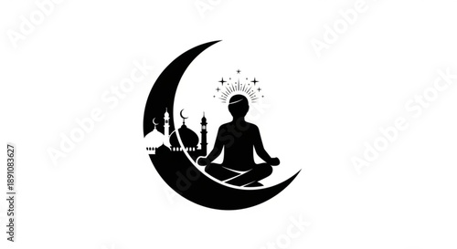 Person meditating on crescent moon with mosque silhouette at night