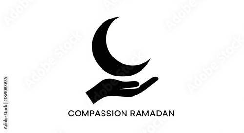 Compassion ramadan symbol with crescent moon and hand gesture on white background