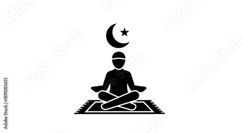 Person meditating in lotus position under crescent moon and star on prayer mat symbolizing spiritual calmness and islamic faith
