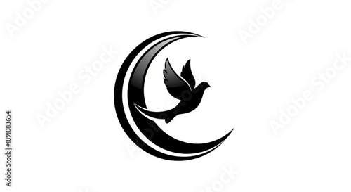 Black silhouette bird flying out of crescent moon symbol on white background freedom and hope concept