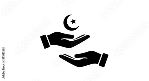 Islamic charity concept with hands holding crescent moon and star symbol on white background