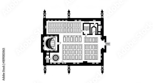 Detailed architectural floor plan blueprint of a large building with multiple rooms and corridors illustrated in black and white