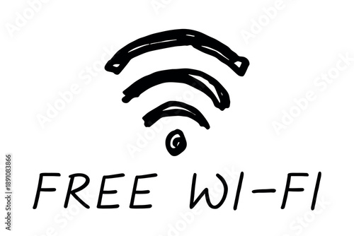 Hand drawn free wifi spot zone sign Public wi-fi area sign Wireless internet clipart in doodle style Single element for print, web, design, decor 3G, 4G, 5G, 6G, IoT