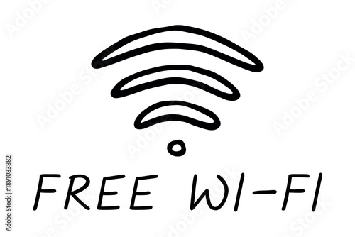 Hand drawn free wifi spot zone sign Public wi-fi area sign Wireless internet clipart in doodle style Single element for print, web, design, decor 3G, 4G, 5G, 6G, IoT
